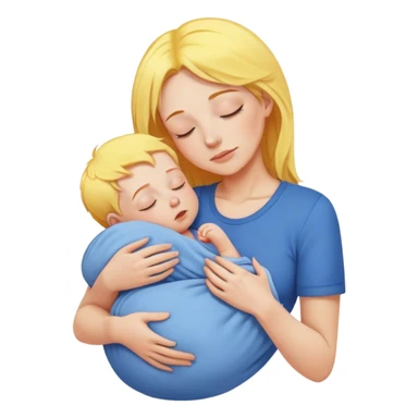 Mother is holding a baby, the mother has yellow hair and pink clothes, the baby is sleeping in blue clothes sticker