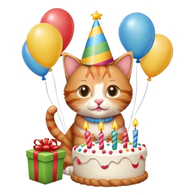 Ginger tabby kitten celebrates birthday, birthday hat, birthday cake, balloons, happy, gifts sticker
