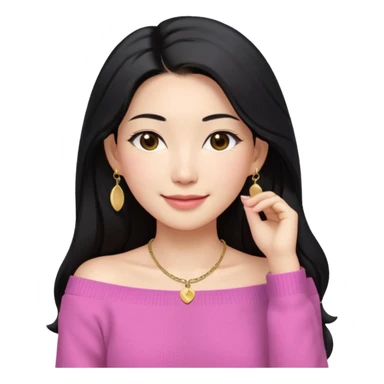 South Korean girl in her mid-thirties with long black hair parted in the middle. She is wearing a pink, off the shoulder long sleeve knit sweater, extra small gold earrings and a gold necklace. She has brown eyes with narrow, mono lid shape and smiling with lips together sticker