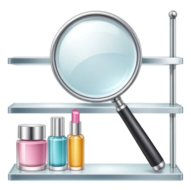 front view magnifying glass over beauty product shelf searching for last item sticker