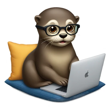 female otter with glasses use a macbook while seated against a pillow sticker