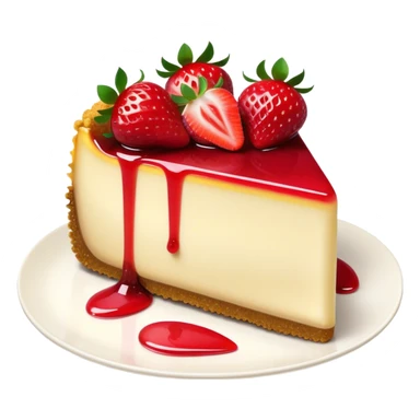 Cinematic creamy cheesecake, smooth and velvety, topped with fresh strawberries and a glossy fruit glaze, golden crumbly crust, beautifully plated, soft glowing background, indulgent and elegant. sticker