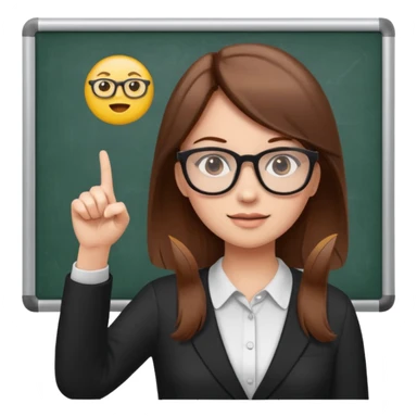 Make an emoji of a girl with brown hair who is teaching how to make emojis on a board pointing to the board like a teacher sticker