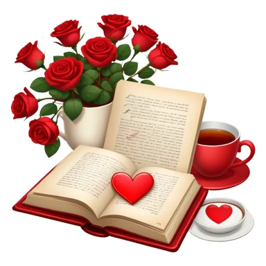 Icon for Romance Reading: an open book with a heart-shaped bookmark, surrounded by roses, a love letter, and a cup of tea. The icon should evoke the warmth, passion, and emotional depth of a love story. Transparent background sticker