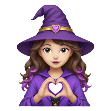 girl with wavy brown hair with lilac tips, making a heart with hands, stylish clothes in purple and black tones, purple and gold witch hat with cat ears sticker