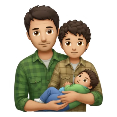 A father with messy medium-length dark hair and light stubble, wearing a green flannel shirt. He holds his child who has short curly brown hair and a cream-colored romper. Cozy warm lighting, authentic family moment. sticker