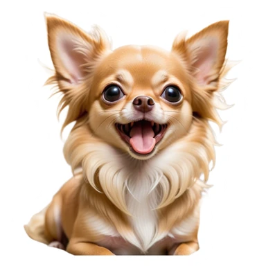 Cinematic Cute Yawning Long Haired Fawn Chihuahua Portrait Emoji, Head tilted slightly with a dramatic, wide-open yawn, flowing long fawn hair with delicate highlights, floppy ears slightly drooping, round dark eyes barely open in drowsy contentment, Simplified yet irresistibly adorable features, highly detailed, glowing with a soft, cozy glow, high shine, relaxed yet expressive, stylized with a touch of whimsy, bright and endearing, soft glowing outline, capturing the essence of a sleepy yet affectionate companion, so drowsy it feels like it could stretch right out of the screen and curl up for a nap! sticker