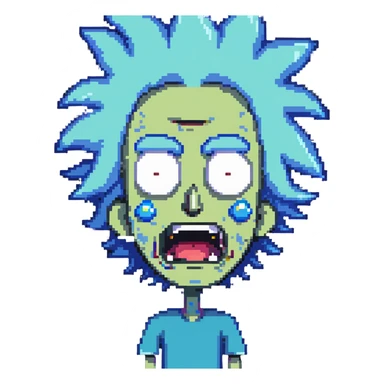 Rick from Rick and Morty with angry expression, wild blue hair, furious face sticker