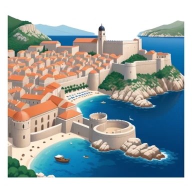 Cinematic Realistic Dubrovnik Landmark Emoji, showcasing the historic walled city with its terracotta rooftops, stone fortifications, and the deep blue Adriatic Sea stretching beyond. sticker