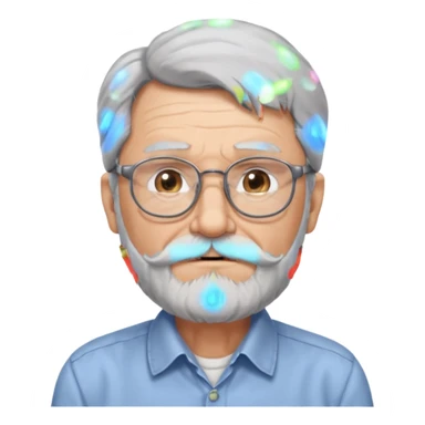 old man with long hair and beard wearing glasses with shirt sticker