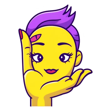 Classic yellow emoji face with closed eyes that form upward curved lines, eyelashes, pursed lips with lipstick, and a hand gesture with only the thumb out while other fingers are closed, all nails painted sticker