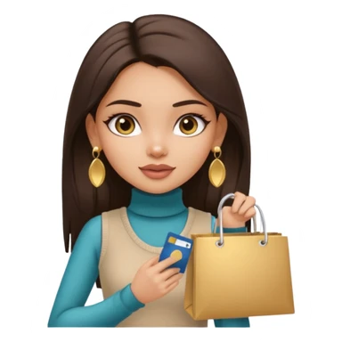 a pretty bratz fair indian girl wearing a beige sleeveless turtleneck, golden earrings, straight ling hair, holding bank cards, dark brown hair, carrying shopping bags sticker