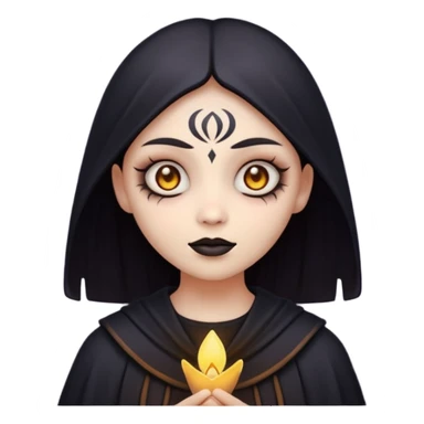 Stylized cult cartoon girl emoji, eerie-cute aesthetic, symmetrical design, subtle spooky vibe, glowing eyes, chanting “AMILK”, bold graphic icon sticker