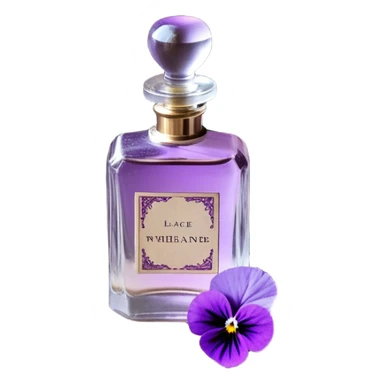 An ornate glass perfume bottle, filled with a delicate violet-hued elixir, rests on a lace-covered vanity tray, surrounded by pressed pansies in shades of lavender, plum, and amethyst, their petals softly curling with time. A worn leather-bound poetry book, its pages kissed with faded lilac ink, lies open beside it, exuding whispers of forgotten verses and fleeting romance sticker