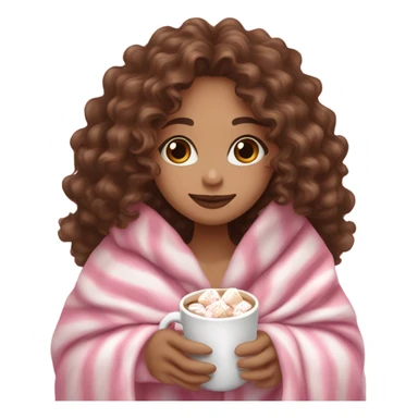 Light skin girl with brown curly hair under our pink blanket,make her look like a young  make it so you can see the curly hairsipping hot cocoa with marshmallows, cuddled around the blanket, long curly hair, long, medium lashes sticker