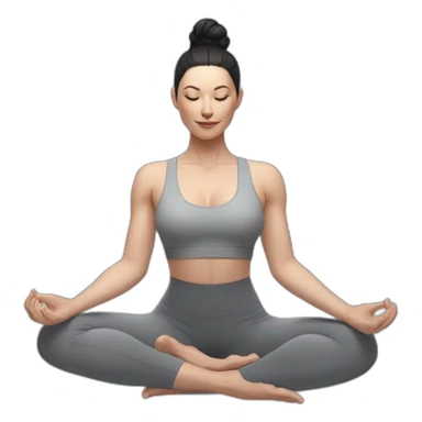 Pale skinned fit woman In a gray tight yoga suit and wristbands With black hair in a bun doing yoga sticker