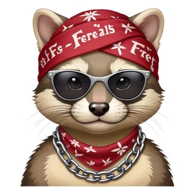 gangster-style animal duo featuring a tough-looking ferret and a wildcat rocking shades, bandanas, and chains. They’ve got serious street cred and attitude, with the bold name ‘FERREALS’ stamped below like a crew name. It’s like the animal kingdom’s version of a hip-hop duo or biker gang sticker