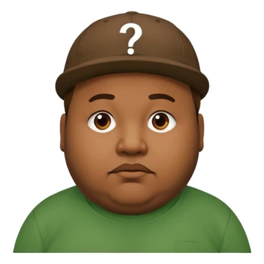 fat man with brown cap and green t shirt printeed a question mark sticker