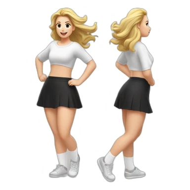 full-body-caucasian-curvy-beauty-jumping-short-black-skirt-back-and-front-views-strong-wind-white-knickers-long-white-socks sticker
