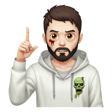 zombie pointing finger, undercut hairstyle with dark brown hair, short full beard, wearing plain white hoodie sticker