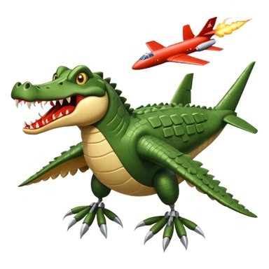 crocodile head with a terrifying mouth merged with a military bomber body, arms as airplane wings with rockets, legs as massive chicken legs like a hut on chicken legs, moving with a roar, trail of destruction sticker