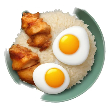 a bowl of rice with two eggs and chicken thigh sticker