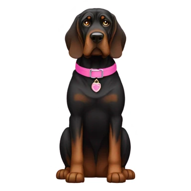 Black bloodhound standing with pink collar sticker