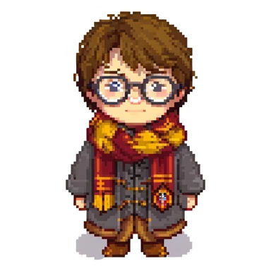 Harry Potter with round glasses and Gryffindor scarf in pixel art style sticker