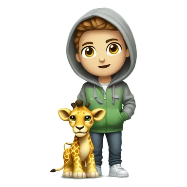 Young cartoon character,
short chestnut hair, green eyes,
grey hoodie, holding controller,
gaming items around, giraffe nearby,
lion cub, playful expression, cool style,
modern look, green background sticker
