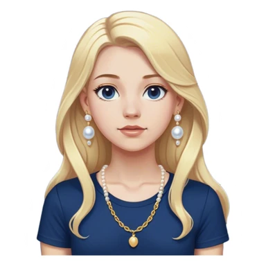 White girl with long blonde hair with a form fitting navy blue shirt with a dainty gold chain and pearl earrings. Make the earrings studs. Make the Shirt a t shirt that’s short sleeve sticker