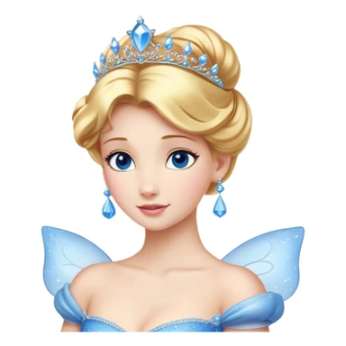 Cinematic Stunning Cinderella Portrait Emoji, Radiant in her sparkling blue ball gown, golden hair in a perfect updo, soft blue eyes full of wonder, glistening tiara, glowing with an ethereal beauty, regal yet kind, a dreamlike aura surrounds her, capturing the essence of a fairy tale princess, elegant and breathtaking! sticker