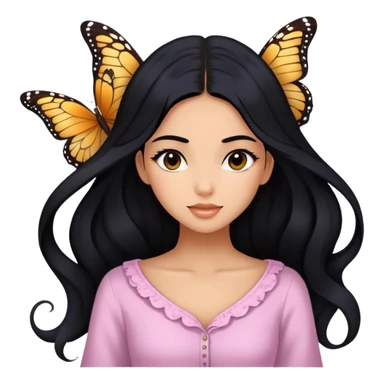 Gadis cantik dengan rambut panjang gaya kupu-kupu dan rambut hitam, berkulit kuning langsat, berwajah cantik & manis, serta memakai pakaian feminim sticker