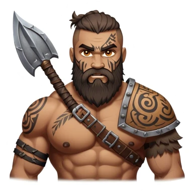 Clash of Clans aesthetic: Cinematic Rugged Barbarian Portrait Emoji, Intense and formidable with a heavily muscled physique, a rugged beard, piercing eyes, and battle-worn armor adorned with tribal markings, his face showcasing a realistic tan skin tone, Simplified yet powerfully detailed features, highly detailed, glowing with a deep, primal energy, high shine, gritty and uncompromising, stylized with an air of raw, untamed power, focused and determined, soft glowing outline, capturing the essence of a barbarian warrior carved by countless battles and poised to lead his clan into epic conflict! sticker