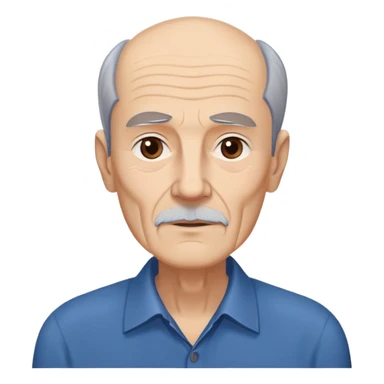 Elderly thin man with light skin. Narrow face with visible cheekbones and jawline. Signs of aging with some wrinkles. Expressive dark brown eyes, thick eyebrows. Short brown hair with receding hairline. Untidy brown beard with some gray strands. Wearing a dark blue shirt. sticker