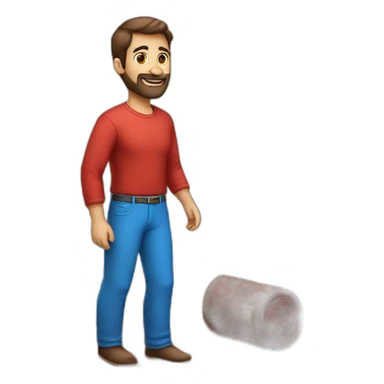 A man with a red shirt and blue pants and mesh shoes with a Persian carpet in his hand sticker