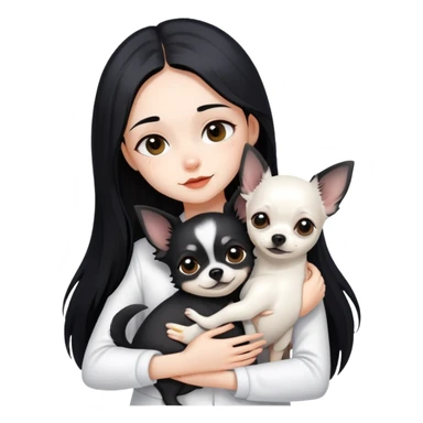 Fair skin girl - long black hair - white clothes - hugging a black chihuahua sticker