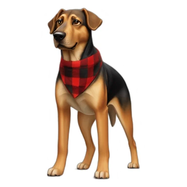 adult 75% Coonhound 25% German Shepherd mix dog with visible tail wearing small pointed red buffalo plaid bandana full body walking left quickly sticker