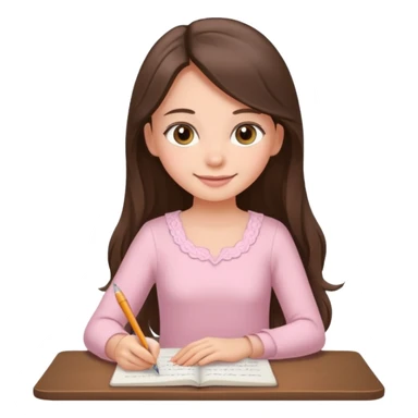 pretty smiling long brunette hair girl with hazel eyes wearing light pink dress writing sticker