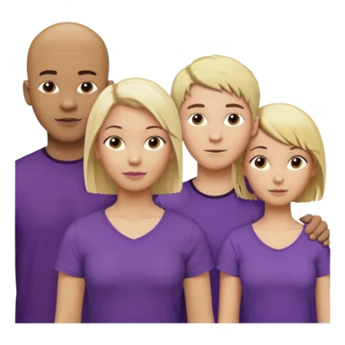 5 person team; 2 men and 3 women.  All dressed in yellow or purple.  1 caucasian woman with blonde mid length hair. 1 caucasian woman with blonde short length hair. 1 caucasian woman has ash blonde hair tied up. 1 man is African-american and bald, 1 man is caucasian and very little hair left.  
 sticker