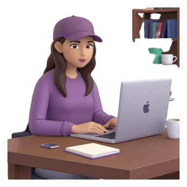 young woman with olive skin and long, dark brown hair, wearing a long-sleeved dark mauve shirt. She is wearing a black baseball cap.. She's sitting at a sleek wooden desk with a hardcover book, and to her right is a white coffee mug, while she looks and types on a silver MacBook.  sticker
