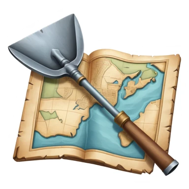 An icon showing a close-up of a shovel, an ancient vessel, and a weathered map, symbolizing archaeology. The design highlights the tools of discovery and the excitement of unearthing historical artifacts. Transparent background emphasizes the focus on the objects. sticker