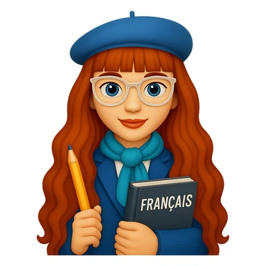 Add straight bangs to her hairstyle, keep her hair very long and wavy, clear-framed glasses, French teacher in a stylish outfit, holding a pencil and a French textbook. The style should resemble emoji style. Remove background. sticker