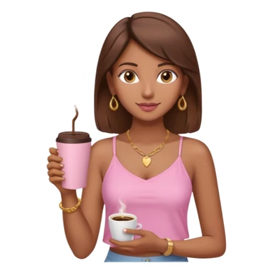 a pretty fair indian bratz girl with brown hair. with a pink cami top, drinking takeaway brown coffee, golden dainty necklace and carrying a white macbook sticker