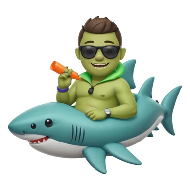 orc male sitting in an inflatable floatie shaped like a shark, wearing oversized sunglasses and a whistle on a neck cord, 2d sticker