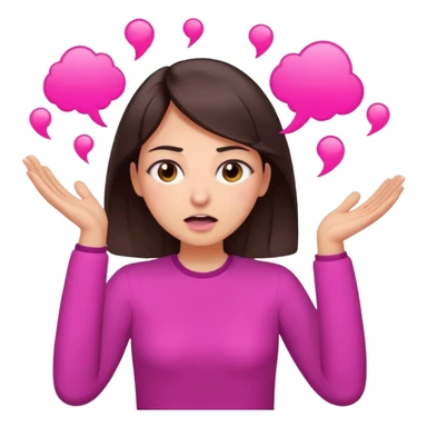 Social media manager. She has dark brown hair, brown eyes, exhaling deeply, hands slightly raised showing frustration. Use vibrant colors with a focus on pink and fuchsia tone sticker