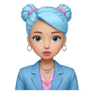 generate a pretty bratz girl wearing a light blue full sleeve shirt, silver small hoops, pink lipgloss, black blazer, hair tied up sticker