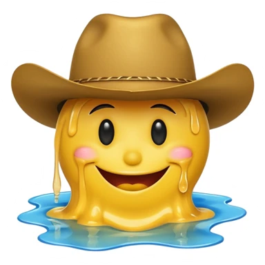 A yellow smiley face melting into a puddle. 

The eyes and mouth slip down the face, yet still maintain a distorted smile. The face is wearing a cowboy hat. sticker