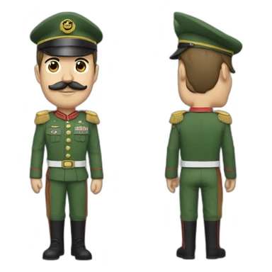 A man with a square mustache a green army uniform that stretches his arm to 120 degrees with hair plated from right to left and black sticker