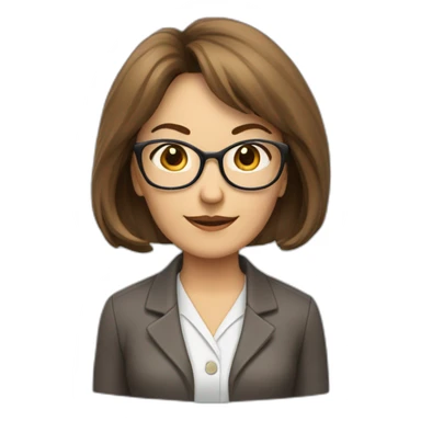 middle-aged accounting woman with middle length brown hairs, a bang, glasses and a loop sticker
