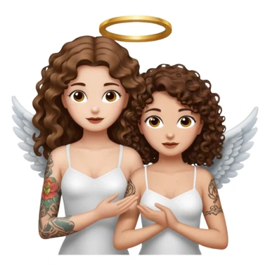fake angel pose — long wavy brown hair tattooed woman and short tight curly brown hair woman — halo sparkle sticker
